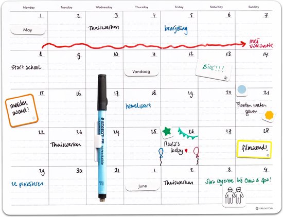 Foto: Greenstory maandplanner medium sticky whiteboard whiteboardfolie met sticky pen