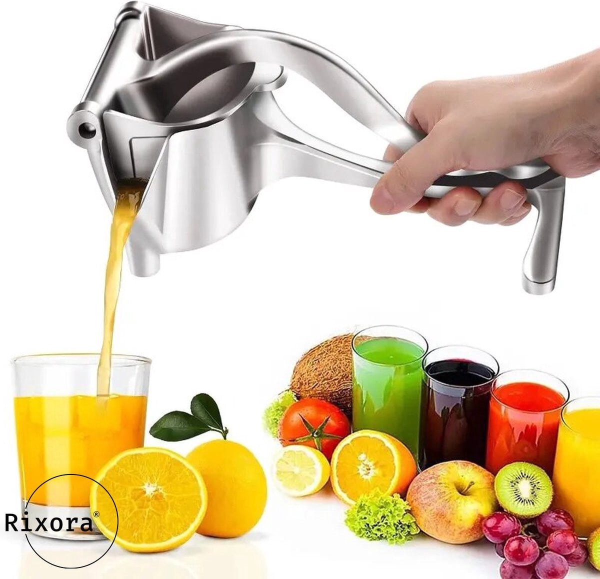 Rixora® fruitpers handmatig - sinaasappelpers - citruspers - fruit press - handpers - wijnpers - citroenknijper - limoenpers - handcitruspers - RVS
