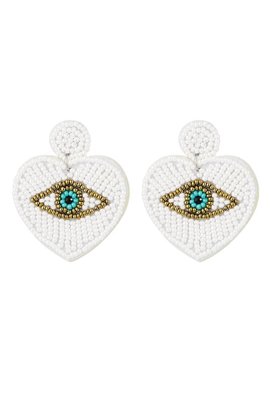 Yehwang - oorbellen - kralen - wit hart - white heart - oog - beads - statement earrings