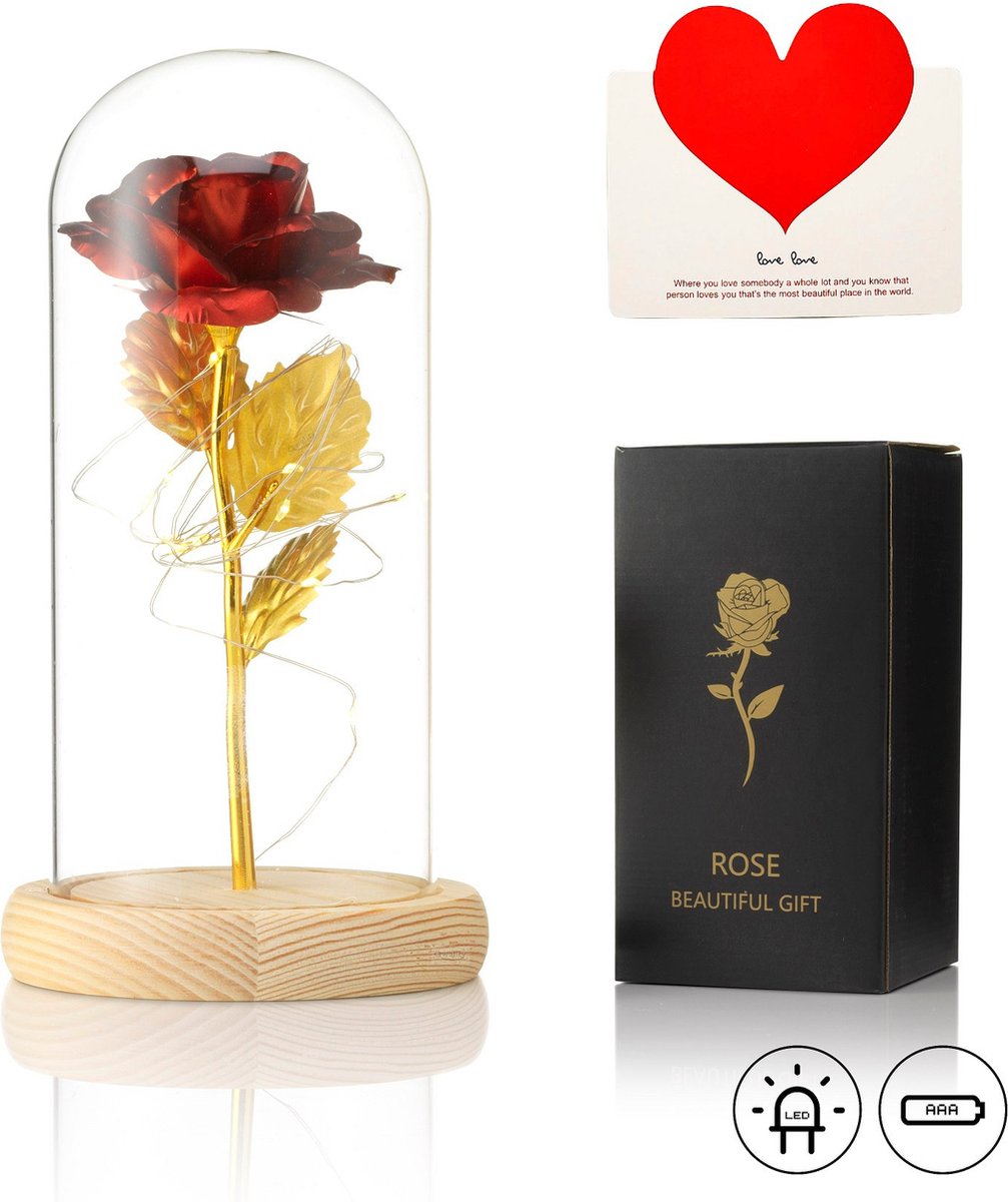 Luxe Roos in Glas met LED – Gouden Roos in Glazen Stolp - Moederdag - Bekend van Beauty and the Beast - Cadeau voor vriendin moeder haar - Lichte Voet - Qwality - Qwality