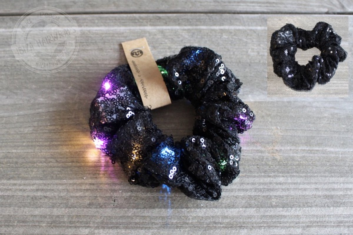 Scunchie pailletten Zwart Led - Scrunchie met licht - Pailletten Haarelastiek -Pailletten Haarelastiek met led