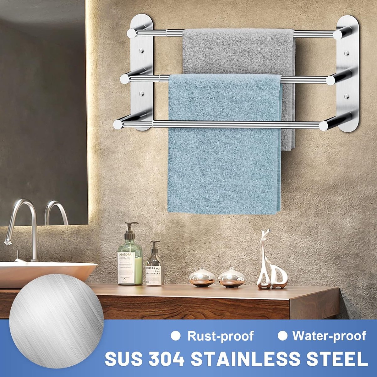 Handdoekhouder zonder boren - handdoekhouder badkamer uittrekbaar 37-70 cm - roestvrij staal handdoekstang muur wandrek voor badkamer keuken - 2 installatiemethoden, zilver
