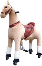 PonyRide Rijdend Speelgoed Paard - Hobbelpaard - 85x33x105 cm - 4-10 Jaar - Inclusief Inline Skate Wieltjes en leder zitje - licht Bruin