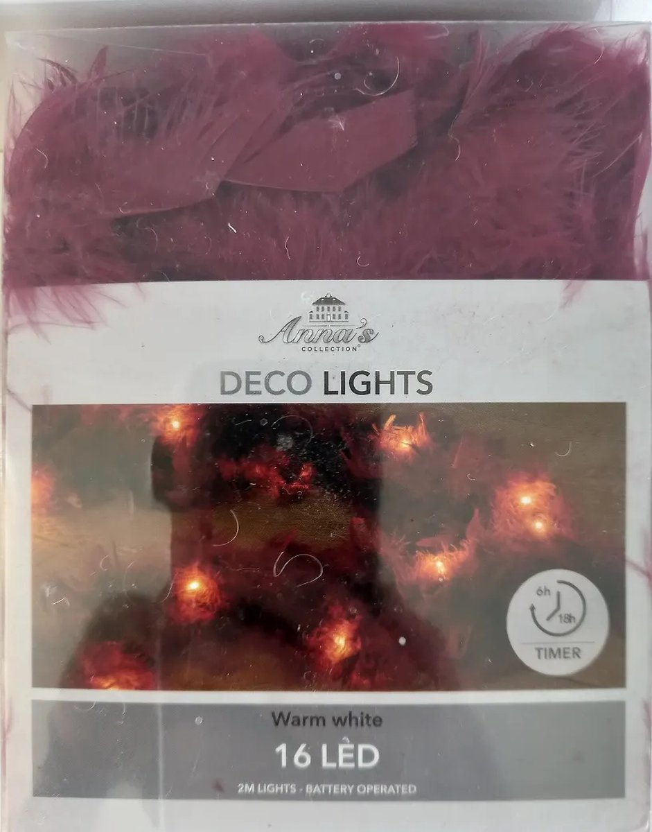 Anna´s Collection - Deco Light - 2 stuks - bordeaux - verenslinger - boa - lichtslinger - kerstslinger - Lengte 2 meter - 16 LED lichtjes