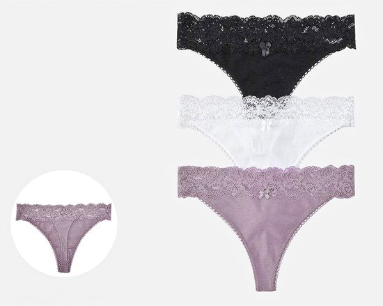 String femme 3 pièces dentelle lingerie sous-vêtements coton  blanc/noir/rose taille S | bol