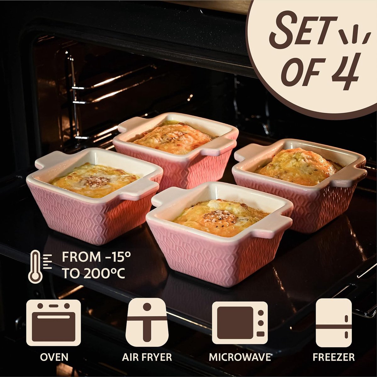 Mini keramische ovenschaal set van 4 - Stapelbaar - Kras- en snijbestendig - Geschikt voor oven & airfryer - Vaatwasmachinebestendig - Roze — cadeau in Kookcadeaus - foto 3