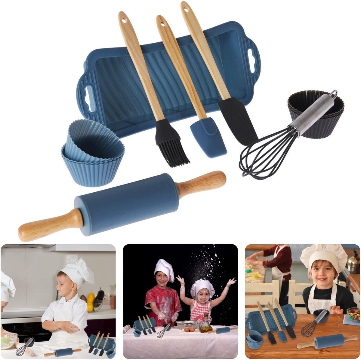 Cheqo® Kinder Bakset - 12-Delige Set - Bakset voor kinderen met Cupcake Vormen - Bakvorm en Accessoires - Kwast - Spatel - Deegroller - Kinderfeestje - Cake Bakken - Cupcakes Maken - Cadeau voor Kinderen