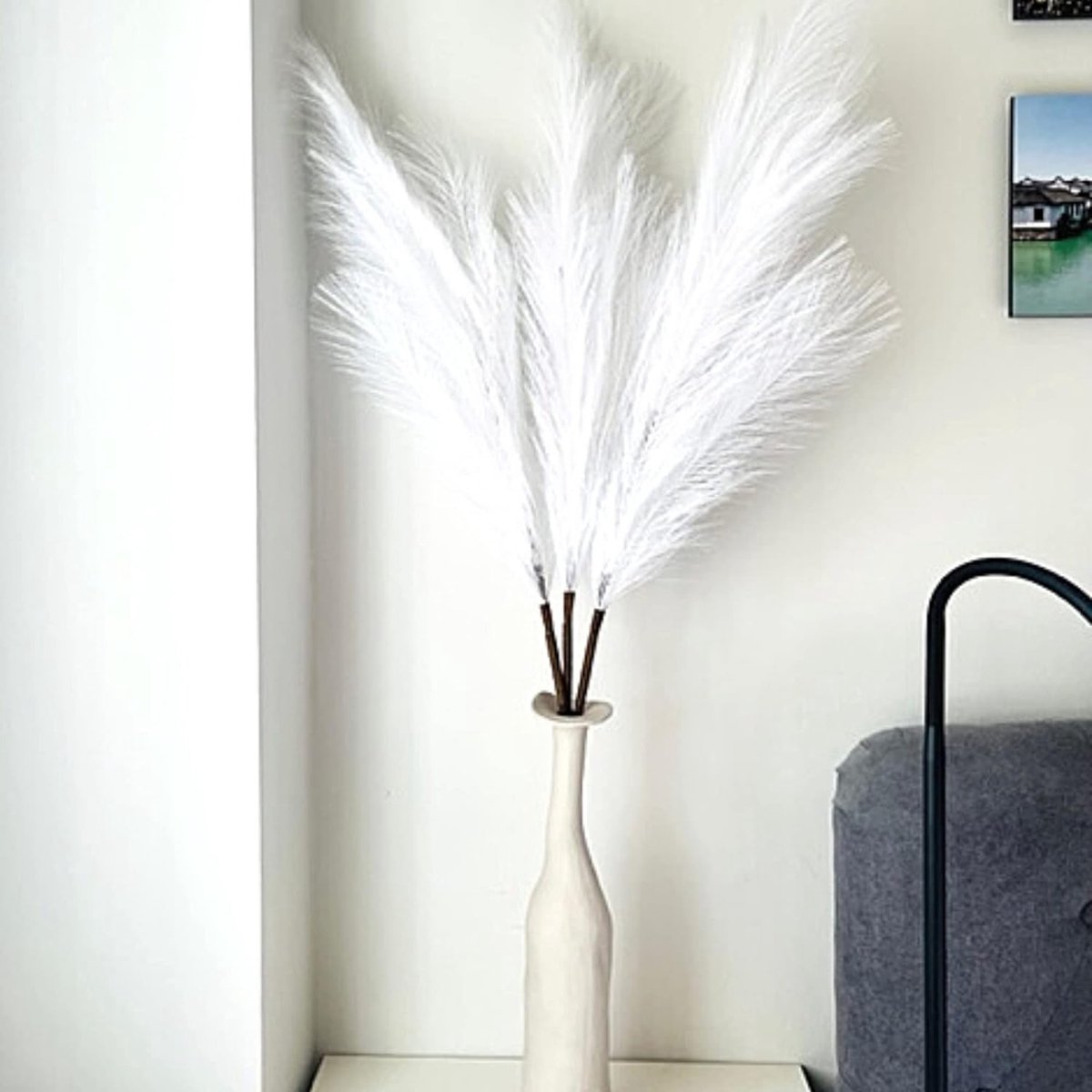 Wit pampasgras pluizig, 2 in 1 - hoog kunstmatig pampasgras 3 stuks/kort kunstmatig pampasgras 6 stuks, voor esthetische kamerdecoratie, slaapkameraccessoires, witte grote veren voor vloervaas