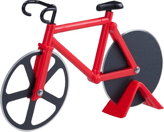 Foto: Mako pizzasnijder fiets rood pizza snijder pizza fiets pizzames pizza accessoires pizza cadeau fiets gadget