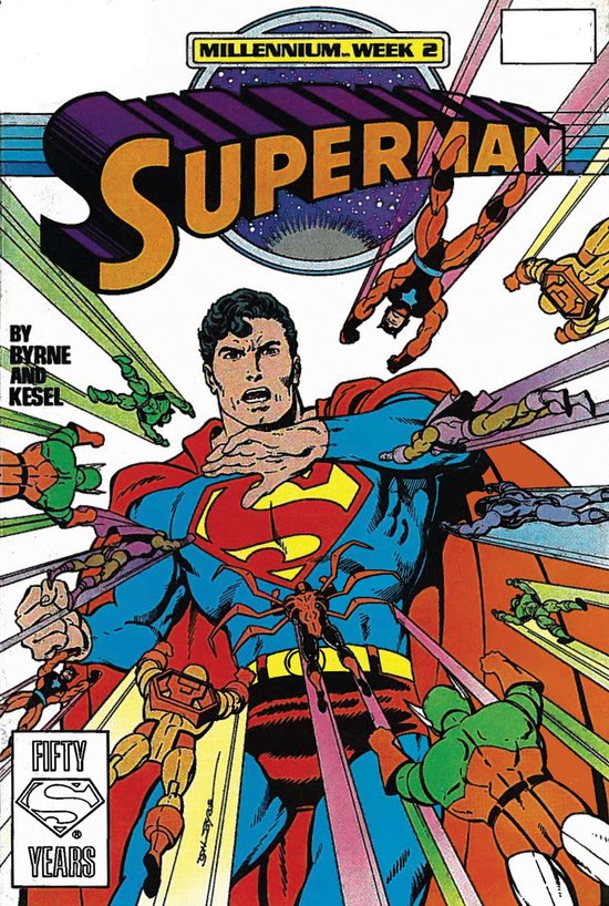 Superman in rood en blauw kostuum, omringd door vliegende figuren. Titel: MILLENNIUM WEEK 2.