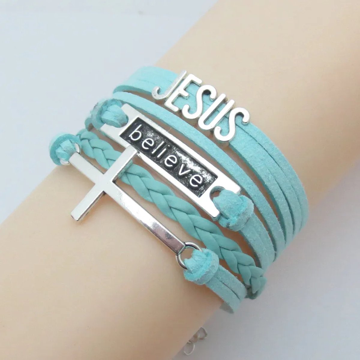 Christuals - Christelijke wikkelarmband - Jezus - Believe - Kruis - Blauw