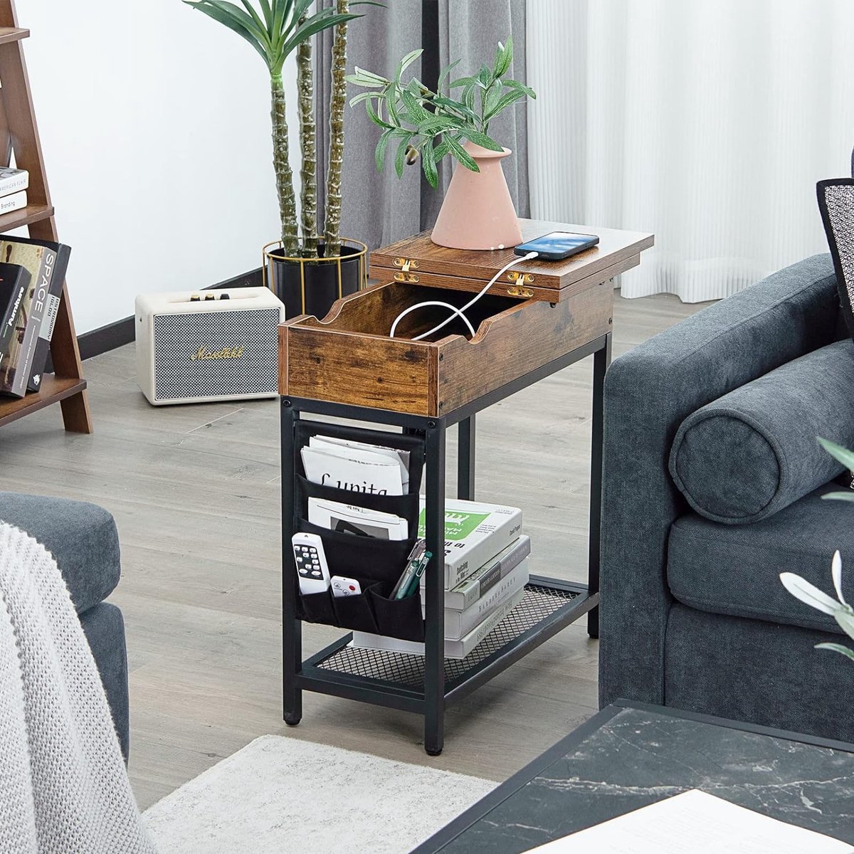 GOPLUS Vintage Bijzettafel Met USB & Stopcontacten - Inklapbaar Blad En Opbergruimte Voor Woonkamer