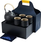 Teekanne draagbaar Japans theeservies, houtskoolgrijs reisporseleinen theeservies, 1 Teekanne (700 ml/25 oz) + 4 Teetassen (205 ml/7.2 oz), U2, theeblad opbergkoffer, theeset Teekanne en tas