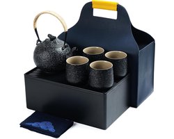 Teekanne draagbaar Japans theeservies, houtskoolgrijs reisporseleinen theeservies, 1 Teekanne (700 ml/25 oz) + 4 Teetassen (205 ml/7.2 oz), U2, theeblad opbergkoffer, theeset Teekanne en tas