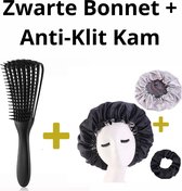 Satijnen Bonnet + Zwarte Anti-klit Haarborstel - Satijnen Slaapmuts - Bonnet voor Krullen - Satin bonnet - Kam voor Krullen - Kroes haar