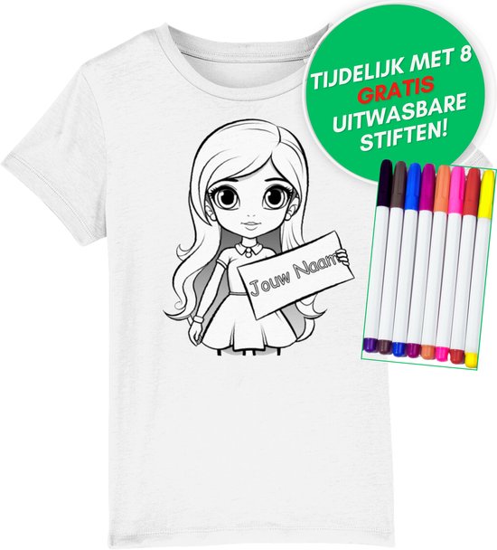 Inkleurbaar t-shirt kinderen – girl - kindercadeau – 3 tot 4 jaar - eigen naam – gepersonaliseerd – kleuren – viltstiften voor kinderen – t-shirt