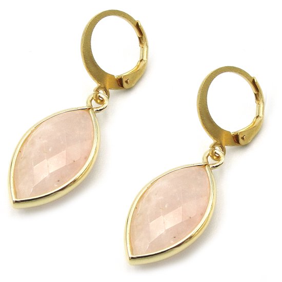 Gold plated oorbellen ringetjes met roze rozenkwarts natuursteen hanger totale lengte 35 mm