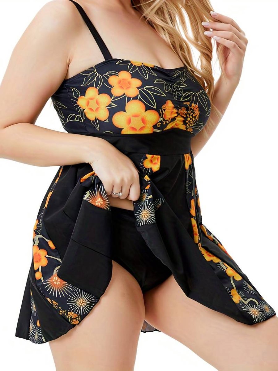 Hanna Nikole dames tankini, grote maten, tweedelig badpak met hoge taille, flowy tankini bovenstuk met shorts, lila, bloemen, 50 Grote maten