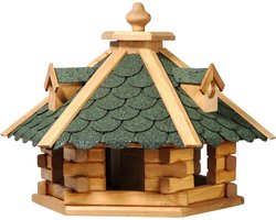 vogelvoederhuis bitumen shingles dak 6-hoekig - vogelhuis van massief hout - vogelvoederstation met voedersilo - 6-hoekige vogelvilla - 51 x 45 x 37 cm - groen