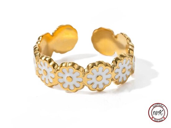Soraro White Flower Ring | 18K Goldplated | Goudkleurig | Wit | Dames Ring | Bloem | Klemring | Vrouwen Cadeau | Moederdag | Moederdag cadeau