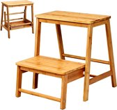 Opstapkruk met 2 treden, massief hout, inklapbaar, trapstoel, 45 x 33 x 48 cm, kruk, ladder, hout, houten ladder, vouwtrap, huishoudtrap, klein, vouwtreden bamboe (walnoot)