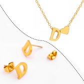 Initiaal Ketting & Oorbellen set met Letter D Goudkleurig - Met letter & Hartje! - Naam Ketting Cadeau - Roestvrij Stalen Ketting op Kaartje - Pax Amare