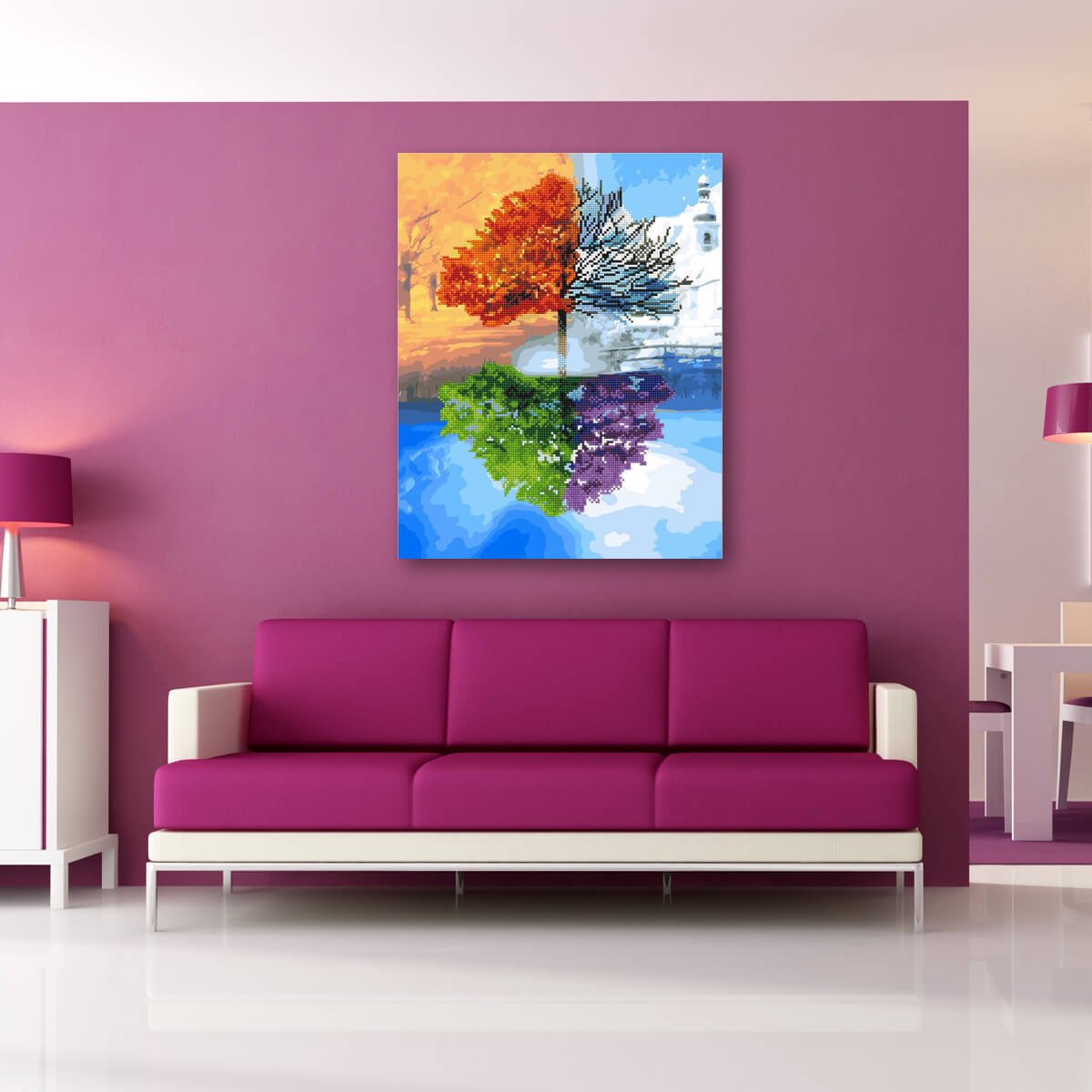 Schilderen Op Nummer Volwassenen DIY Hybrid Paint By Number Diamond Painting - Compleet Hobby Pakket op Frame met Vernis - ®Arty Bee - 4 Seizoenen Boom - 40x50cm — afbeelding 3