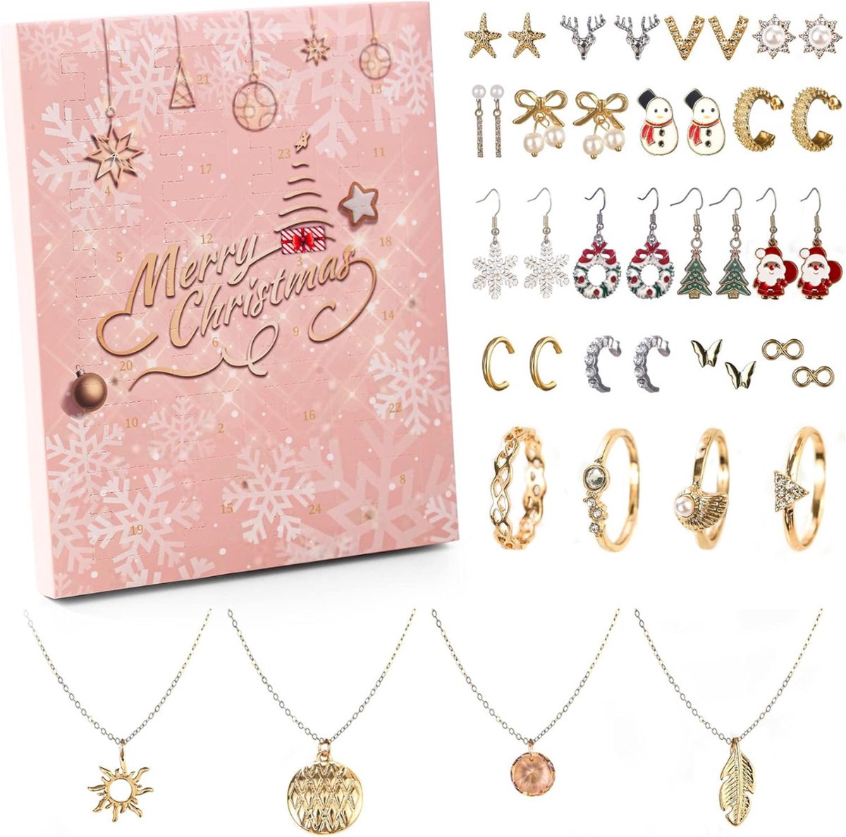 HOWAF Adventskalender Sieraden Voor Dames En Meisjes - 24 Dagen Kerstkalender Met Halsketting, Ring En Oorbellen