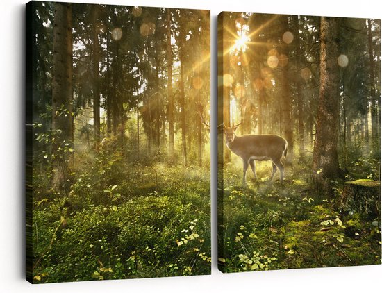 Artaza Peinture sur toile Diptyque Cerf dans la forêt avec soleil - 180 x 120 - Groot - Photo sur toile - Impression sur toile