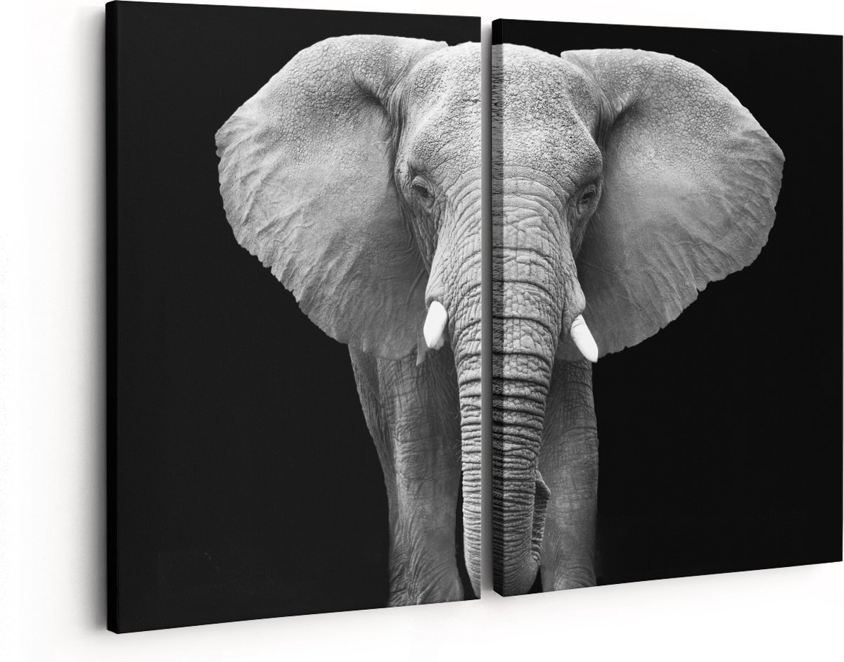 Artaza Canvas Schilderij Tweeluik Olifant - Zwart Wit - 160x120 - Groot - Foto Op Canvas -