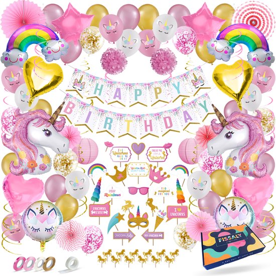 Fissaly 112 Stuks Luxe Eenhoorn Verjaardag Decoratie Versiering met Ballonnen – Unicorn Set – Kinderfeest – Feest - Feestpakket - Fissaly