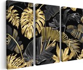 Artaza Canvas Schilderij Drieluik Gouden Tropische Bladeren - 90x60 - Foto Op Canvas - Canvas Print