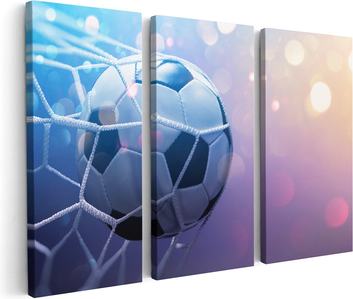 Artaza Canvas Schilderij Drieluik Voetbal Bal Door Het Goal Heen - 90x60 - Foto Op Canvas - Canvas Print