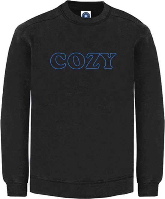 Huissweater - Huistrui - Sweater - Zwart - NEON BLAUW tekst COZY - ruimzittend - LARGE