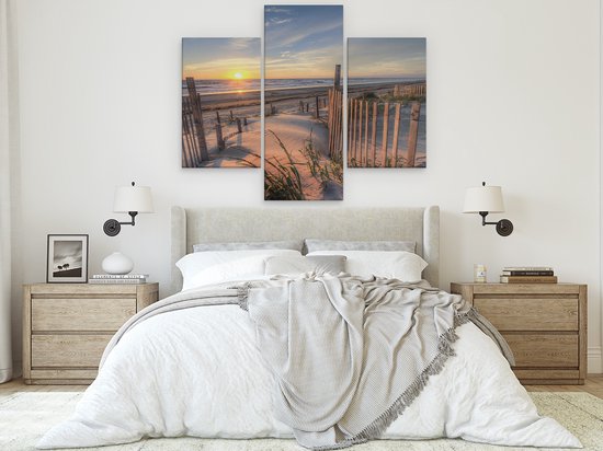 Artaza Peinture sur toile Triptyque Plage et mer depuis les dunes avec coucher de soleil - 150 x 120 - Groot - Photo sur toile - Impression sur toile