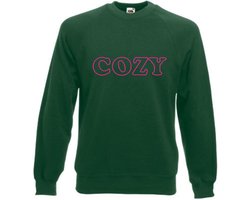 Huissweater - Huistrui - Sweater - Groen - NEON ROZE tekst COZY - ruimzittend - LARGE Design by Eizook