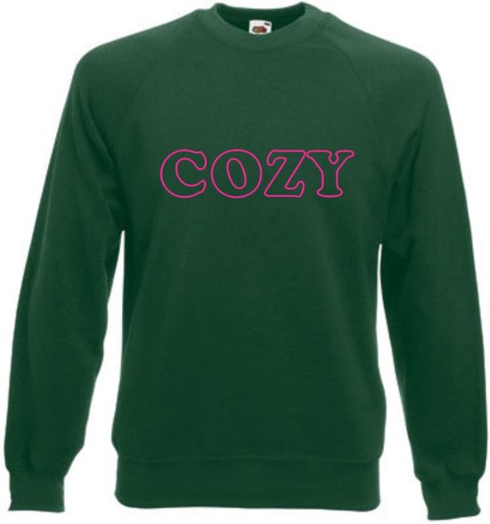 Huissweater - Huistrui - Sweater - Groen - NEON ROZE tekst COZY - ruimzittend - LARGE
