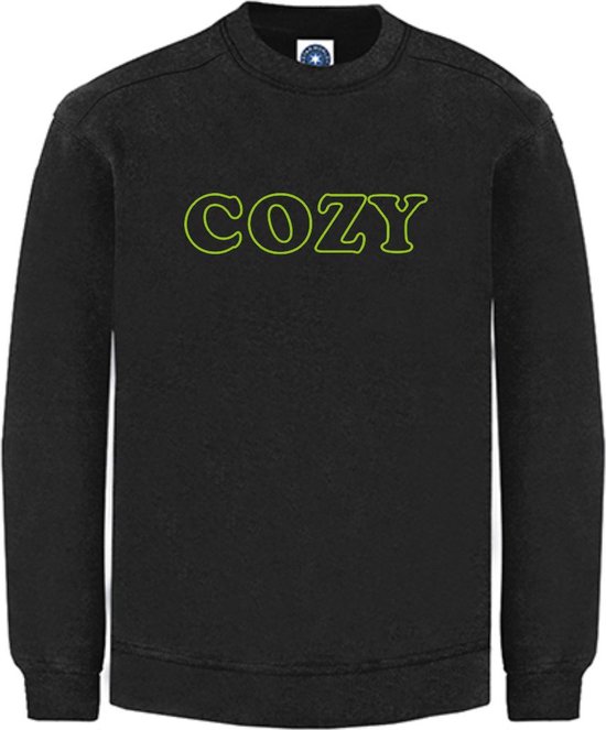 Huissweater - Huistrui - Sweater - Zwart - NEON GROEN tekst COZY - ruimzittend - LARGE