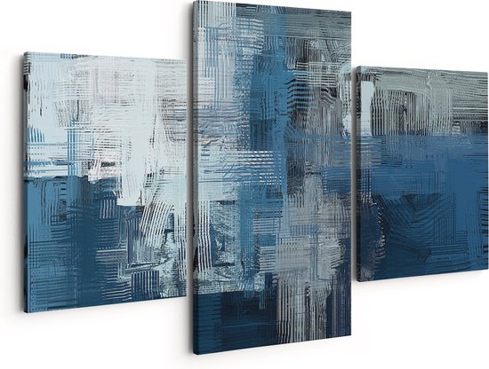 Artaza Canvas Schilderij Drieluik Abstracte Kunst - Blauw Witte Penseelstreken - 150x120 - Groot - Foto Op Canvas - Canvas Print