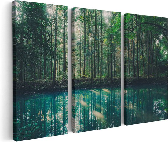 Artaza Canvas Schilderij Drieluik Bos Bij Een Groen Meer - 150x100 - Groot - Foto Op Canvas - Canvas Print