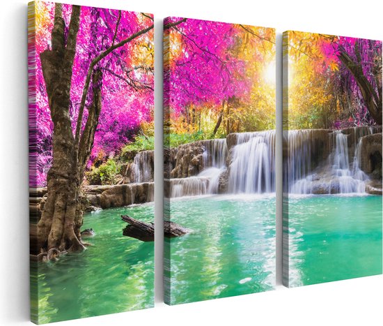 Artaza Canvas Schilderij Drieluik Waterval Met Groen Water En Roze Bladeren - 180x120 - Groot - Foto Op Canvas - Canvas Print