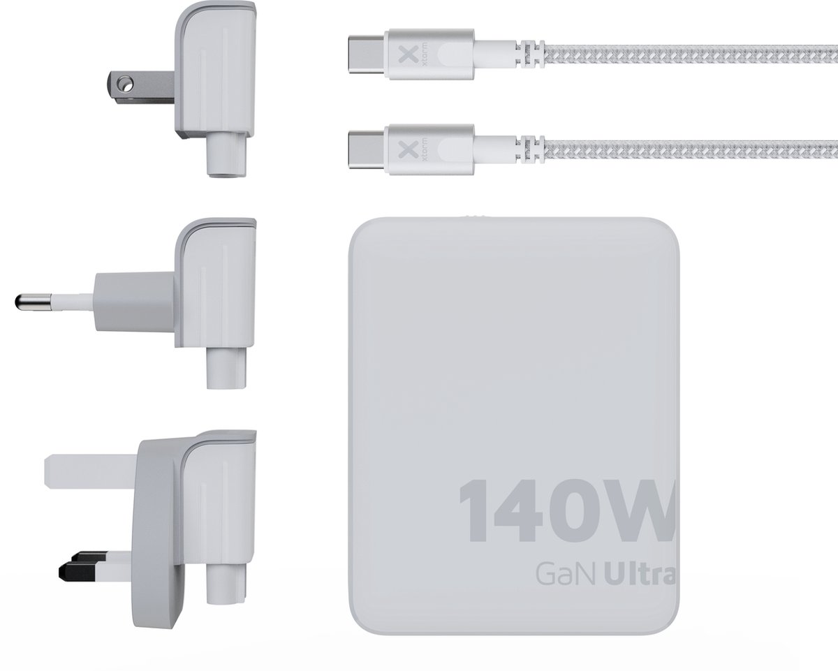 Xtorm 140W Reisstekker / Wereldstekker - GaN-Ultra Travel Charger + 20W USB-C PD Kabel - 3x USB-C + 1x USB A poort - Internationale Stekkers - GRS Materiaal - Wit