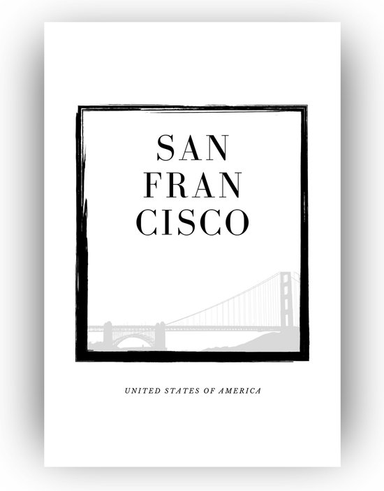 Skyline San Francisco 50x75 cm - San Francisco skyline schilderij - schilderijen typografie - Skyline San Francisco zwart wit - Skyline steden wanddecoratie - Amerika - Zwart wit schilderij