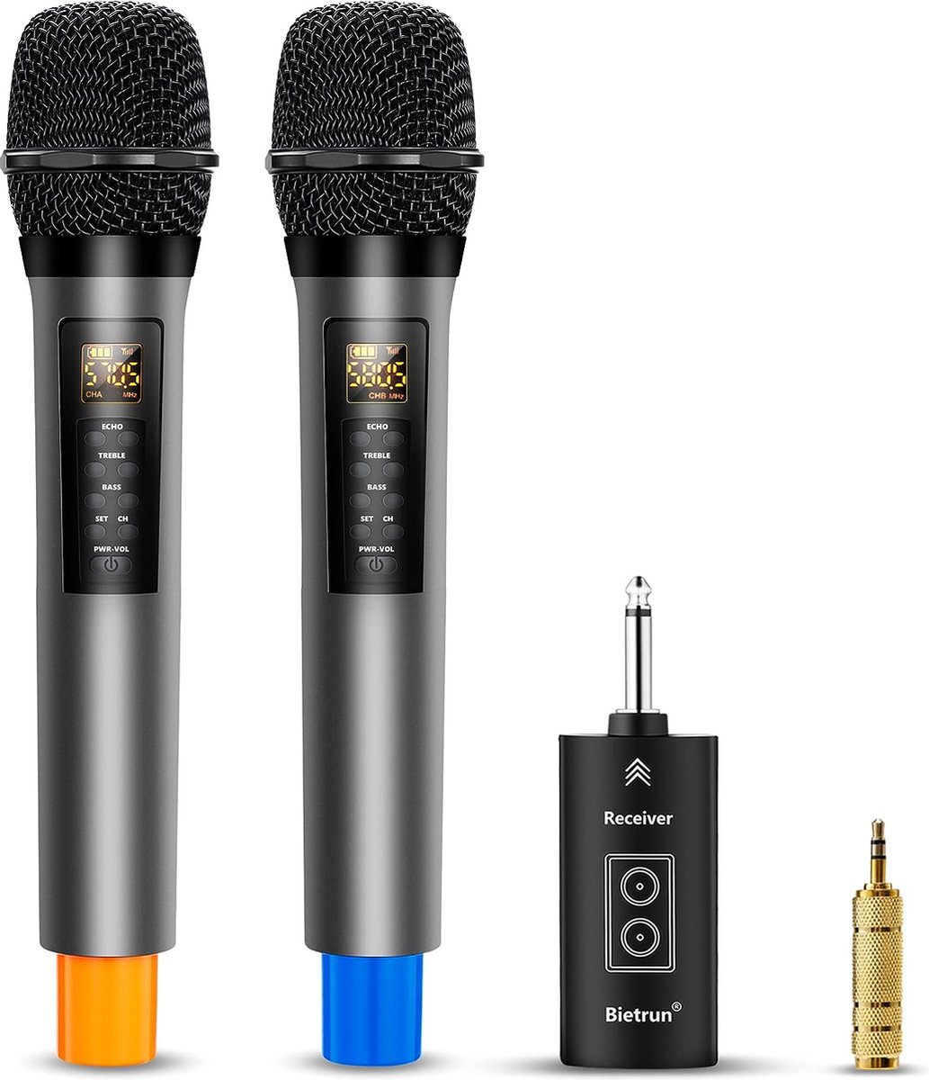 draadloze microfoons met echo, hoge tonen, bas en Bluetooth, 98 FT bereik, microfoonsysteem met oplaadbare ontvanger voor karaoke, zang, versterker