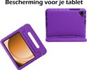 Paarse kindvriendelijke tablethoes met handvat, staande functie en uitsparingen. "Bescherming voor je tablet".
