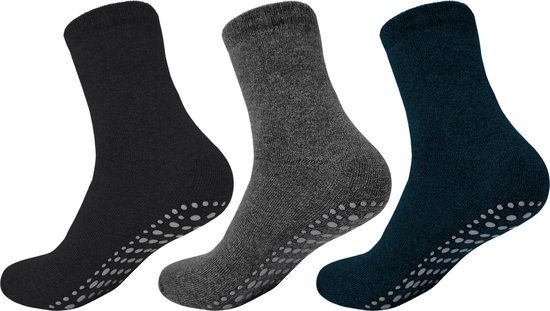 3 Paar Huissokken anti slip - Antislip sokken - Gripsokken - Full Terry - Volledig Badstof - ABS - Zwart/Grijs/Blauw - Maat 43-46