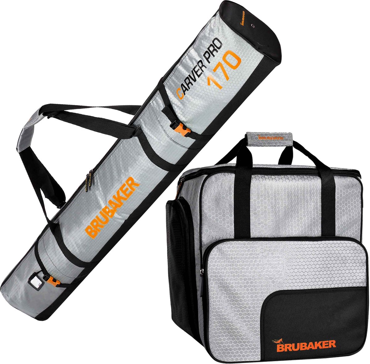 BRUBAKER Combi Set CarverTec Pro - Skitas en Skischoen Tas - voor 1 paar Ski's en Stokken tot 170 cm - Skischoenen en Helm - Zilver Oranje