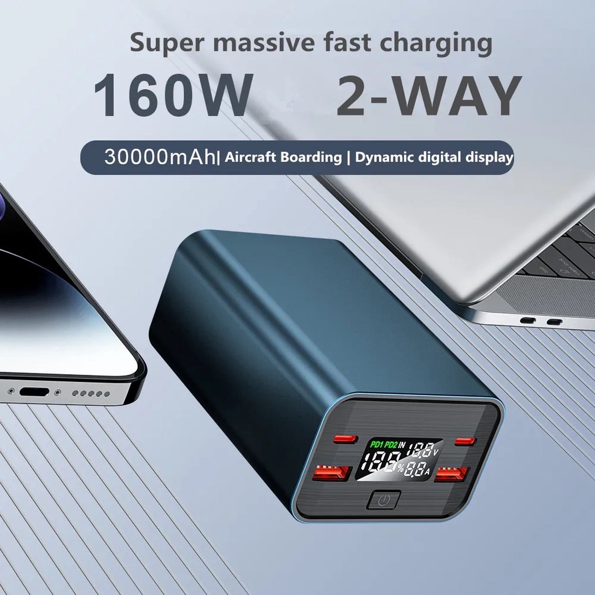 solar world - Powerbank - 30000mah - 100W - USB/USB-C - 4 poorten - Quick charge - Power - macbook delivery - powerbank laptop - silver