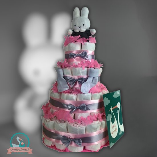 Luiertaart meisje 4-laags met Nijntje en 87 A-merk pampers - kraamcadeau - babyshower- pampertaart van Merkloos — afbeelding 2