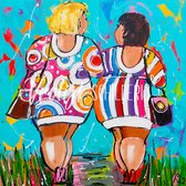 Dikke dames aan de wandel | Vrolijk Schilderij | 80x80cm | Dikte 2 cm | Canvas schilderijen woonkamer | Wanddecoratie | Schilderij op canvas | Kunst | Corrie Leushuis